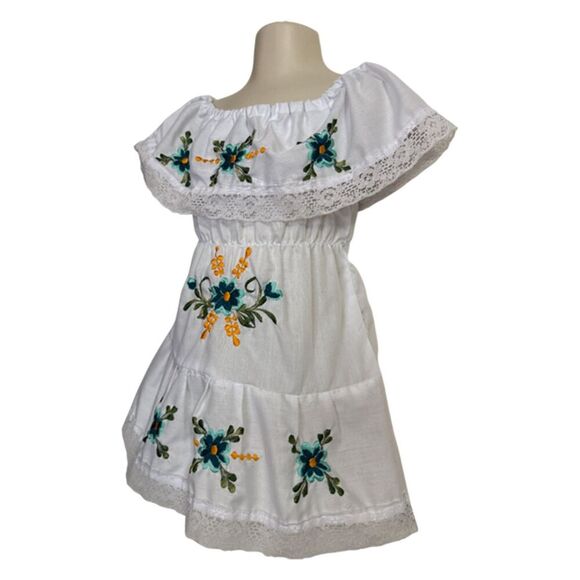 White Mexican Floral Embroidered Ruffle Dress Size 1 - Picture 4 of 9